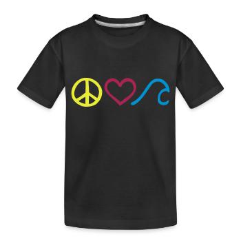 Peace • Love • Surf • Symbole horizontal - Kinder Premium Bio T-Shirt - Schwarz - Vorne