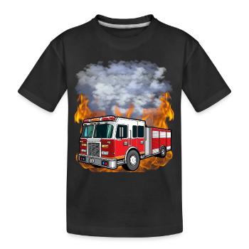 Feuerwehr - Löschfahrzeug vor Flammen und Rauch - Kinder Premium Bio T-Shirt - Schwarz - Vorne