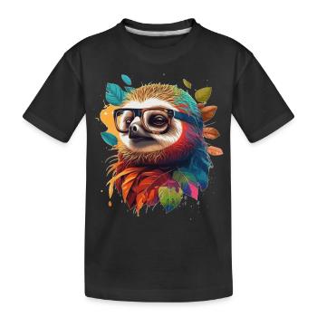 Buntes Faultier, schlau und gebildet mit Brille - Kinder Premium Bio T-Shirt - Schwarz - Vorne