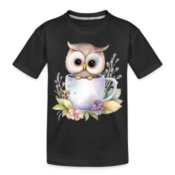 Hibou mignon avec des fleurs dans une tasse - T-shirt bio Premium Enfant - noir - Devant