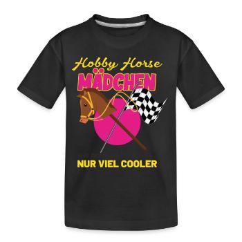 Hobby Horse Mädchen mit Steckenpferd & Zielflagge - Kinder Premium Bio T-Shirt - Schwarz - Vorne