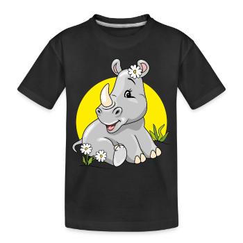 Niedliches, schüchternes Baby-Nashorn, das auf Rasen mit Kamille sitzt - Kinder Premium Bio T-Shirt - Schwarz - Vorne