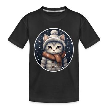 Chat avec chapeau, écharpe et veste dans les chutes de neige - T-shirt bio Premium Enfant - noir - Devant