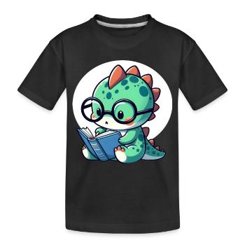 Dino with reading glasses reading book - Kids' Premium Organic T-Shirt - black - Front