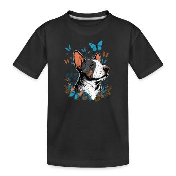 Cheerful bull terrier and butterfly - Kids' Premium Organic T-Shirt - black - Front