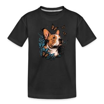 Cheerful bull terrier with flowers and butterfly - Kids' Premium Organic T-Shirt - black - Front