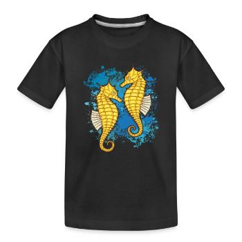 Zwei Seepferdchen auf bunten Farbklecksen - Kinder Premium Bio T-Shirt - Schwarz - Vorne