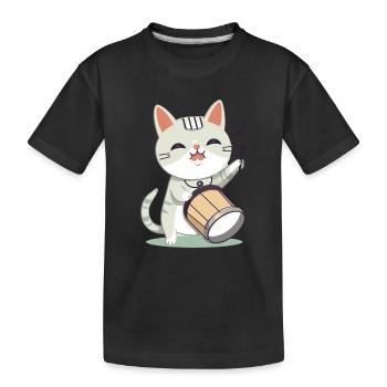 Cute cat with drum - Kids' Premium Organic T-Shirt - black - Front
