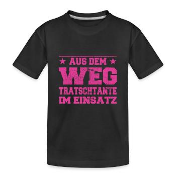Out of the Way Gossip Aunt in Action Design - Kids' Premium Organic T-Shirt - black - Front