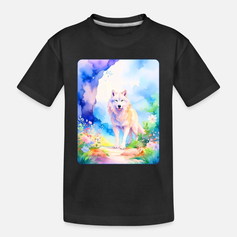 Loup blanc entouré de fleurs - T-shirt bio Premium Enfant - noir