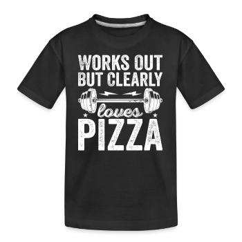 Works Out But Clearly Loves Pizza | I Love Pizza - Kids' Premium Organic T-Shirt - black - Front