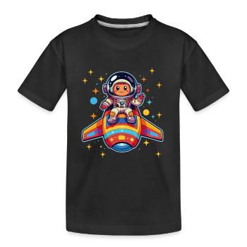 Kleiner Astronaut in buntem Raumschiff im Weltraum - Kinder Premium Bio T-Shirt - Schwarz - Vorne