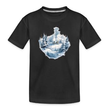 Wintertag mit Schnee Rauch Bäume und Weihnachten - Kinder Premium Bio T-Shirt - Schwarz - Vorne