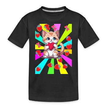 80er Teenie Sommer Erdbeer Katze Katzen Kind Herz - Kinder Premium Bio T-Shirt - Schwarz - Vorne