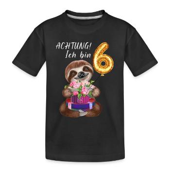 Achtung Ich bin Sechs Lustiges Faultier Geburtstag - Kinder Premium Bio T-Shirt - Schwarz - Vorne
