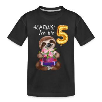 Achtung Ich bin Fünf Lustiges Faultier Geburtstag - Kinder Premium Bio T-Shirt - Schwarz - Vorne