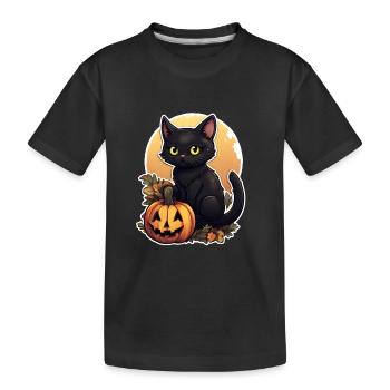 Chat noir d’Halloween en feuillage avec citrouille - T-shirt bio Premium Enfant - noir - Devant