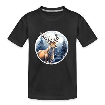Schneebedeckte Winterlandschaft mit Hirsch - Kinder Premium Bio T-Shirt - Schwarz - Vorne