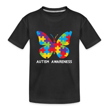 Autism Awareness Cute Butterfly Badge Ribbon - Kids' Premium Organic T-Shirt - black - Front