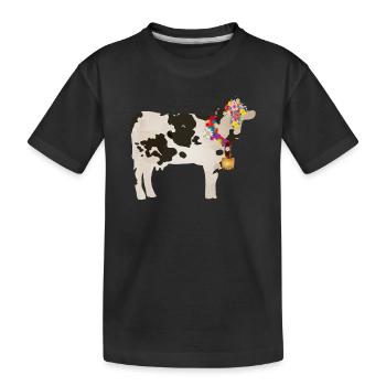 decorated cow with cowbell and floral decorations - Kids' Premium Organic T-Shirt - black - Front