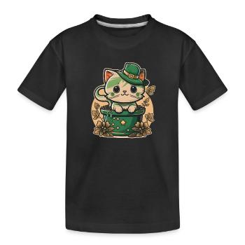 Katze im Blumentopf St. Patrick s Day - Kinder Premium Bio T-Shirt - Schwarz - Vorne