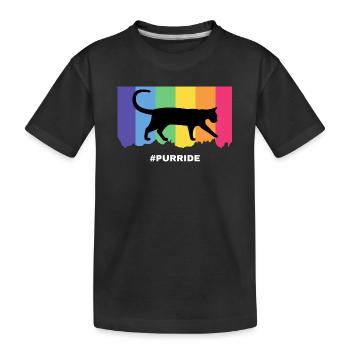 Purride cat silhouette over rainbow stripes - Kids' Premium Organic T-Shirt - black - Front
