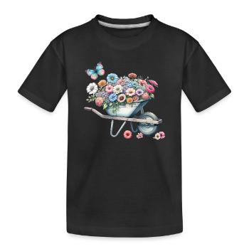 Wheelbarrow filled with pastel-colored flowers - Kids' Premium Organic T-Shirt - black - Front