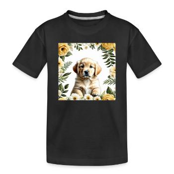 Cute puppy in flower wreath - Kids' Premium Organic T-Shirt - black - Front