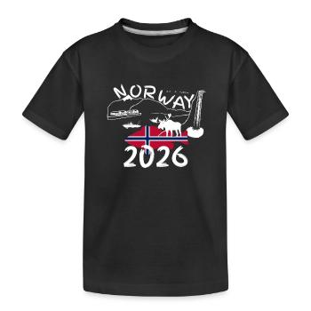 Norwegen 2026 Rotbarsch mit Bergen und Elch Angeln - Kinder Premium Bio T-Shirt - Schwarz - Vorne