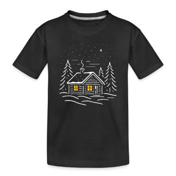 Erleuchtete verschneite Hütte mit einem Baum - Kinder Premium Bio T-Shirt - Schwarz - Vorne