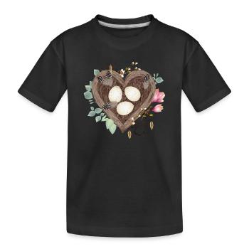 Herzförmiges Vogelnest mit Vogeleiern und Blüten - Kinder Premium Bio T-Shirt - Schwarz - Vorne