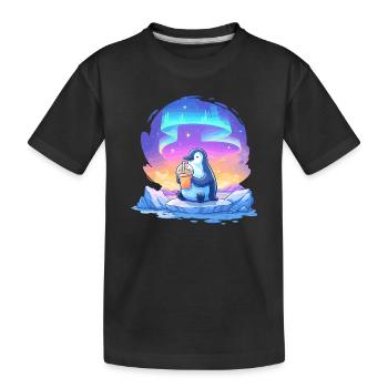 Aurora-Pinguin mit Getränk - Kinder Premium Bio T-Shirt - Schwarz - Vorne
