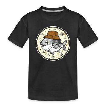 Fisch mit Hut im Nautik-Rundlogo - Kinder Premium Bio T-Shirt - Schwarz - Vorne