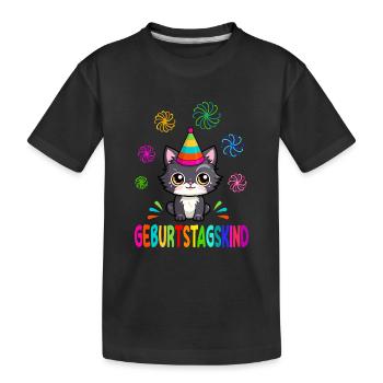 Geburtstagskind süßes Kätzchen bunte Blumen Wirbel - Kinder Premium Bio T-Shirt - Schwarz - Vorne