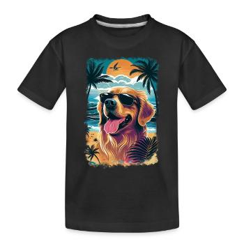 Golden Retriever mit Sonnenbrille am Strand - Kinder Premium Bio T-Shirt - Schwarz - Vorne