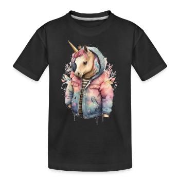 Unicorn wearing a Watercolor jacket - Kids' Premium Organic T-Shirt - black - Front