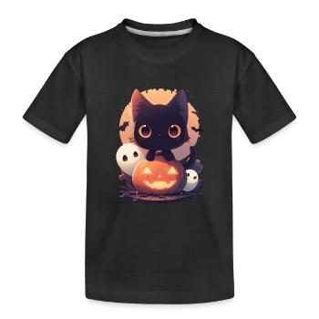 Niedliche Halloween Katze mit Kürbis und Geistern - Kinder Premium Bio T-Shirt - Schwarz - Vorne