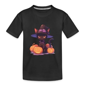 Chat mignon d’Halloween avec chapeau de sorcière et citrouille - T-shirt bio Premium Enfant - noir - Devant