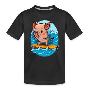 Cute pig surfing in the sea on surfboard surfing - Kids' Premium Organic T-Shirt - black - Front