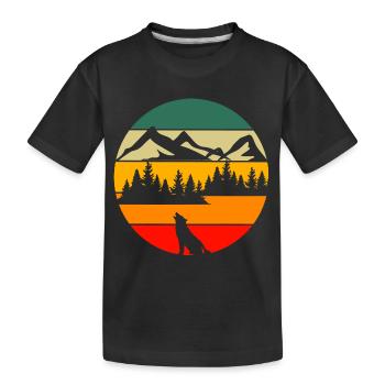 Retro Wald Landschaft Natur Tier Heulender Wolf - Kinder Premium Bio T-Shirt - Schwarz - Vorne