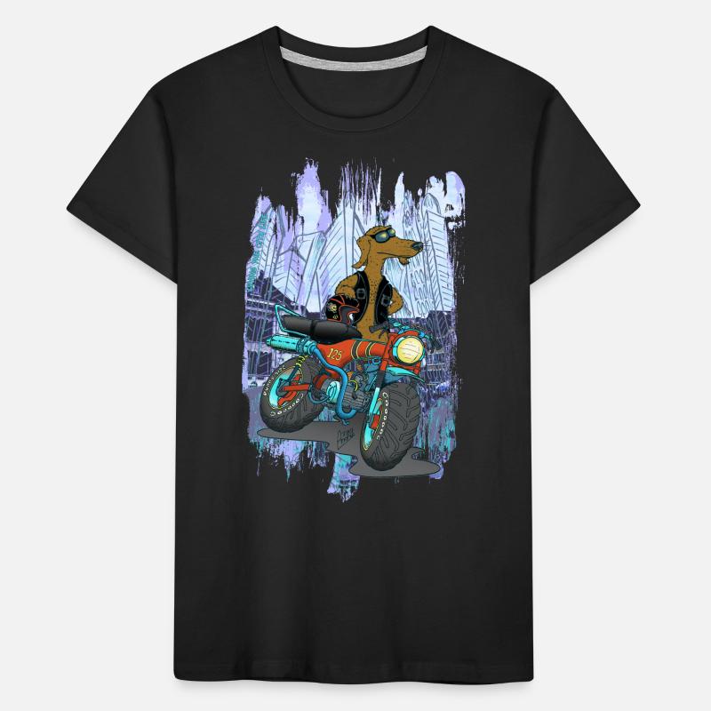 Daxhond und sein Motorrad mit Hintergrund Kinder Premium Bio T-Shirt