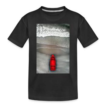 Red Boat on Grey Shore - Kids' Premium Organic T-Shirt - black - Front