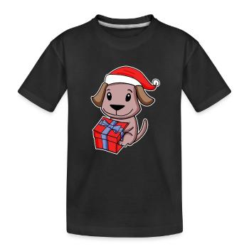 Hund mit Weihnachtsmütze und Weihnachtsgeschenk - Kinder Premium Bio T-Shirt - Schwarz - Vorne