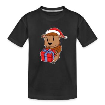 Bison mit Weihnachtsmütze und Weihnachtsgeschenk - Kinder Premium Bio T-Shirt - Schwarz - Vorne