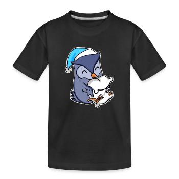 Eule mit Kissen und Schlafmütze - Kinder Premium Bio T-Shirt - Schwarz - Vorne
