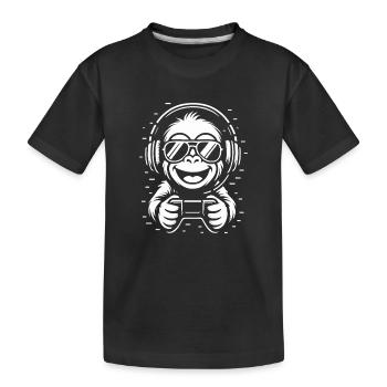 Cooler Affe mit Kopfhörern, Brille und Gamepad - Kinder Premium Bio T-Shirt - Schwarz - Vorne
