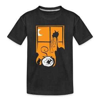 Halloween Katze Maus Fisch orange Fenster Mond - Kinder Premium Bio T-Shirt - Schwarz - Vorne