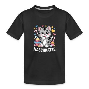 Naschkatze Süße Cartoon Katze Mit Süßigkeiten - Kinder Premium Bio T-Shirt - Schwarz - Vorne