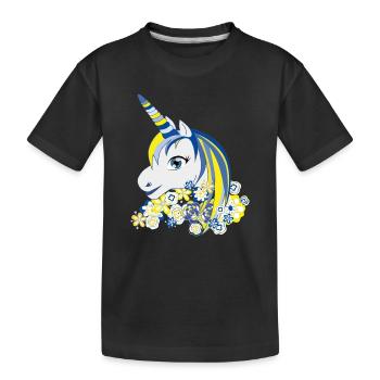 Einhorn Blau Gelb Florale Fantasie - Kinder Premium Bio T-Shirt - Schwarz - Vorne