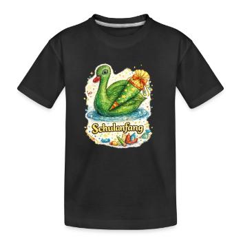 Schulanfang-Schwan mit Geschenk - Kinder Premium Bio T-Shirt - Schwarz - Vorne